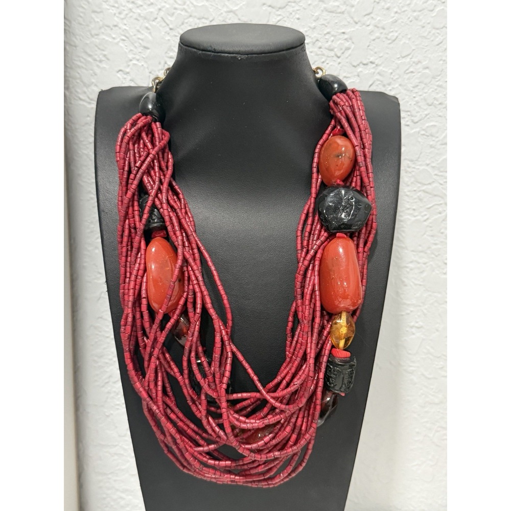 Vintage Red Multi Strand Wood Bead Statement Necklace Chunky Mixed Beads 18"